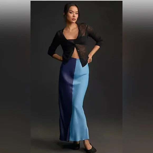 NWT The tilda maxi slip skirt Anthropologie two toned color block navy blue XXS - Picture 2 of 9